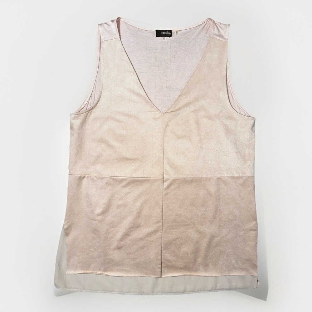 CROSBY‎ Women's Sleeveless Top, Nude Beige, Faux Suede Patchwork. Size Large